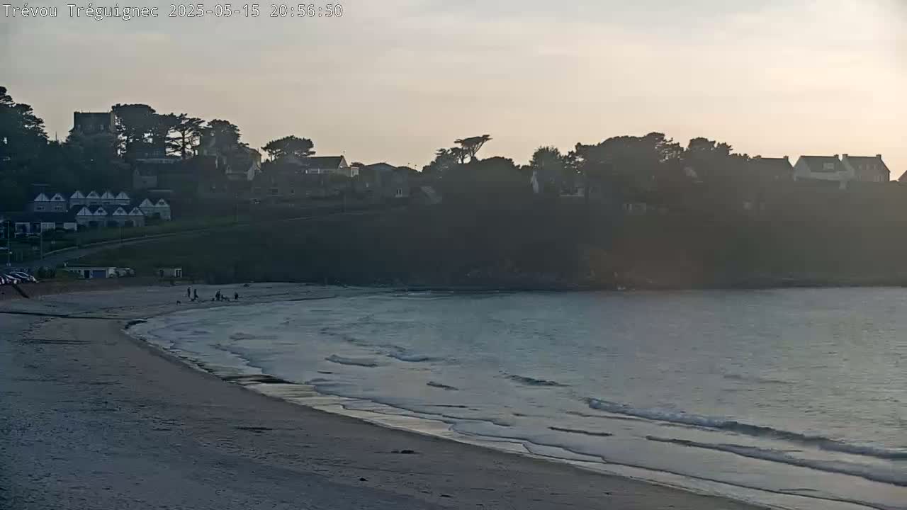 A sandy beach with gentle waves laps the shore under a dusky sky, with houses and trees visible on a hill overlooking the water.