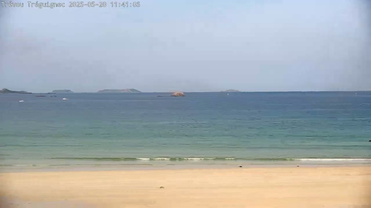 A sandy beach meets a calm, light-blue ocean with small waves under a clear sky.