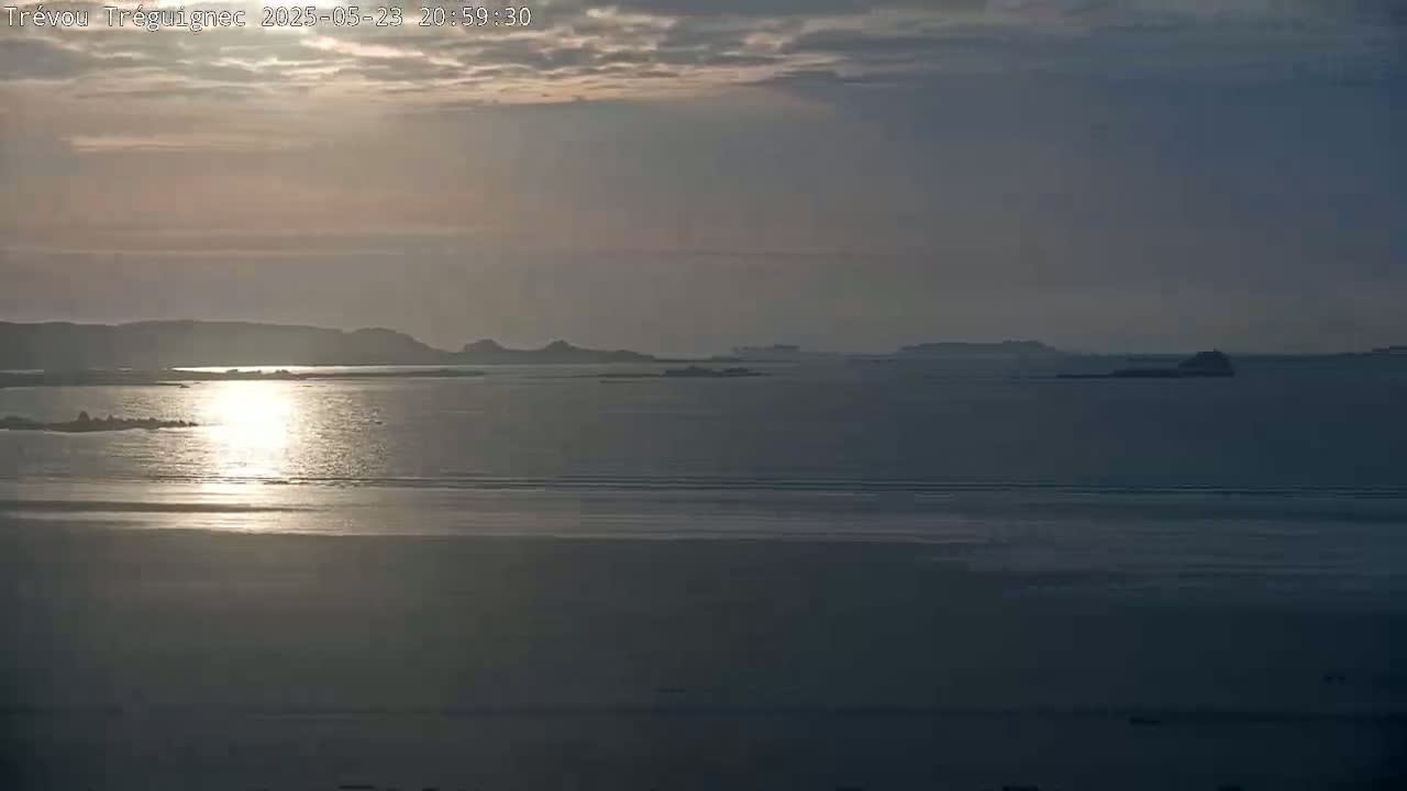 A calm body of water reflects the setting sun under a partly cloudy sky, with distant landmasses visible on the horizon.