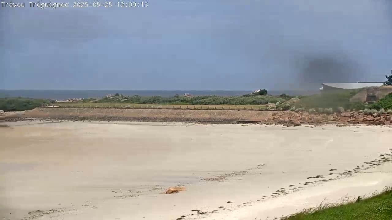 A sandy beach stretches towards a calm ocean under a mostly clear sky, with a low stone wall separating the beach from a grassy area and some buildings in the distance.