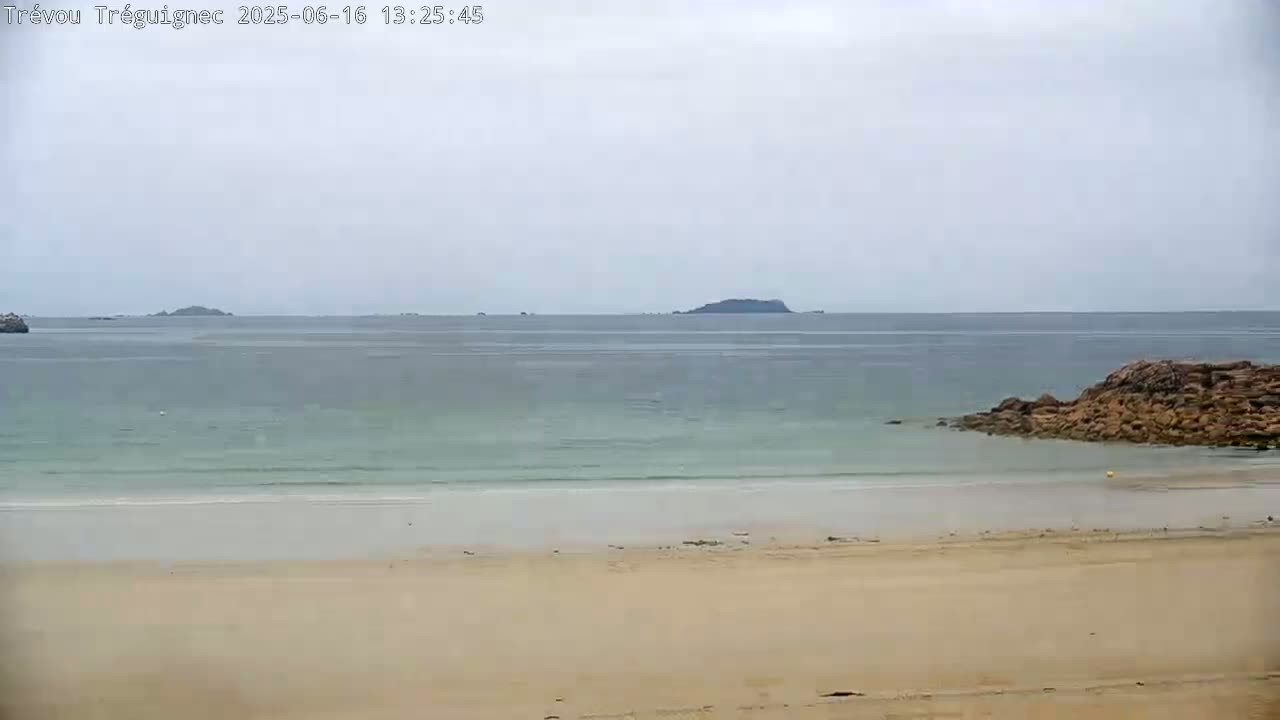 A sandy beach stretches to a calm, light-green ocean under an overcast sky, with distant islands visible on the horizon.