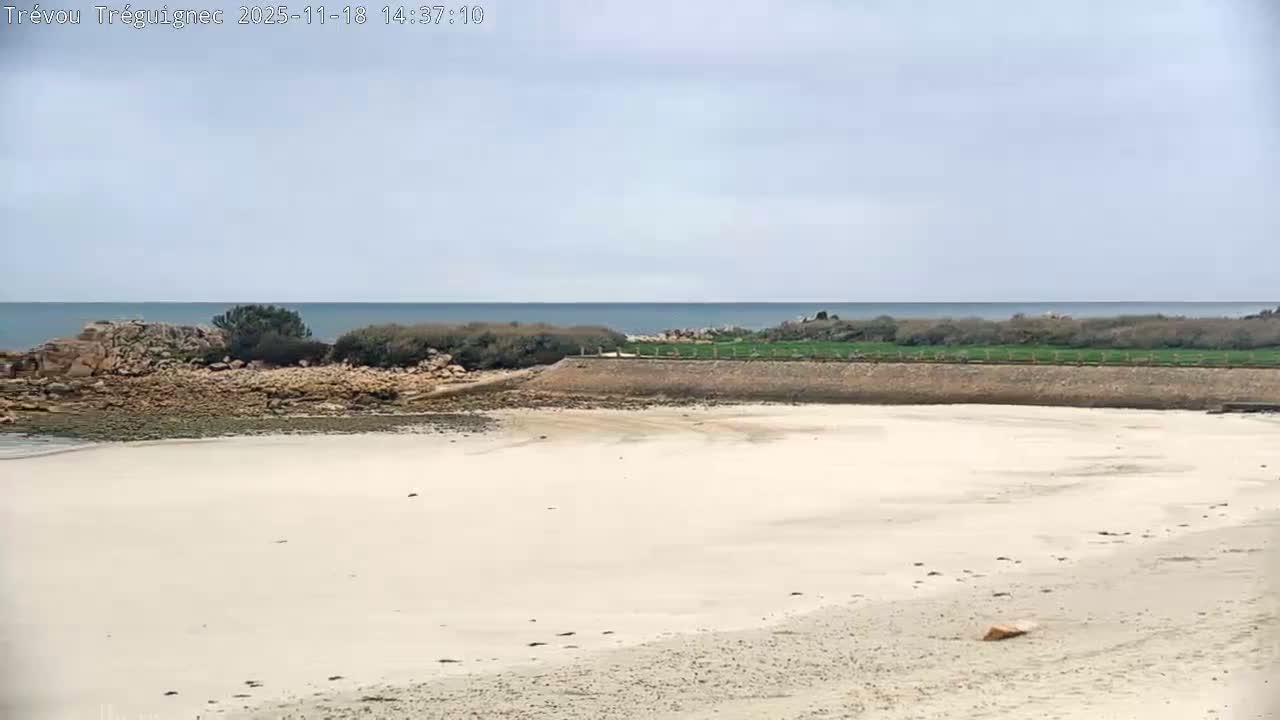 An overcast sky hangs over a coastal town featuring houses on a verdant hill, a road winding along the shore, and a sandy beach with tidal pools and a volleyball net in the foreground.
