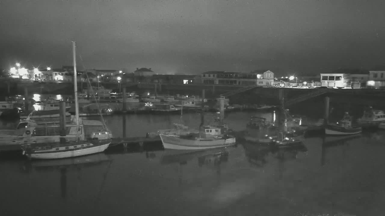 Several boats are docked at a harbor at night under a dark, overcast sky.