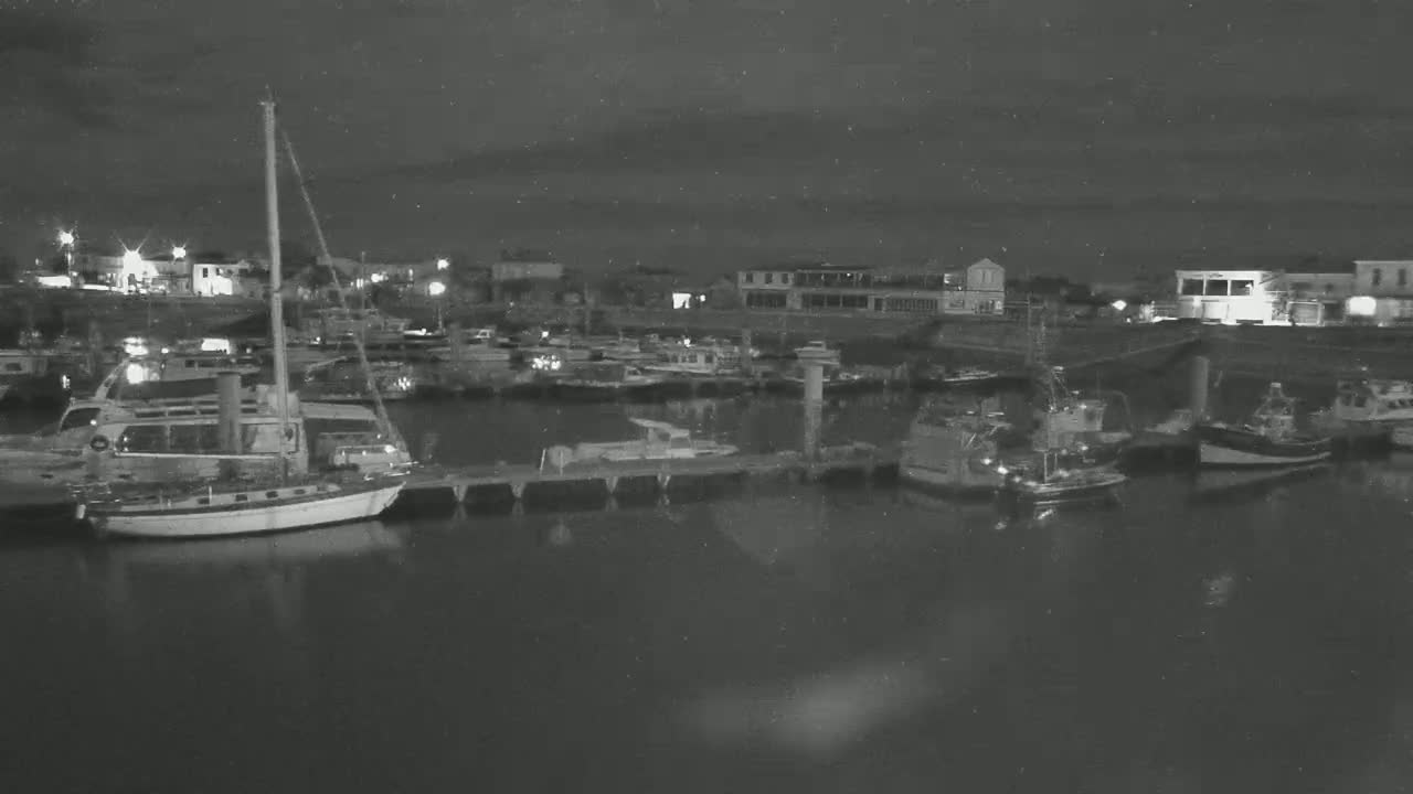 A nighttime view of a harbor filled with docked boats and a few buildings in the background under a dark, cloudy sky.