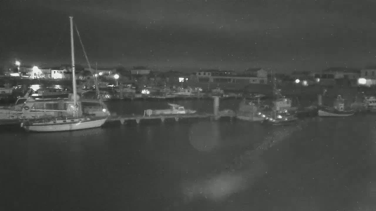 Several boats are moored at a marina at night under a dark, cloudy sky.