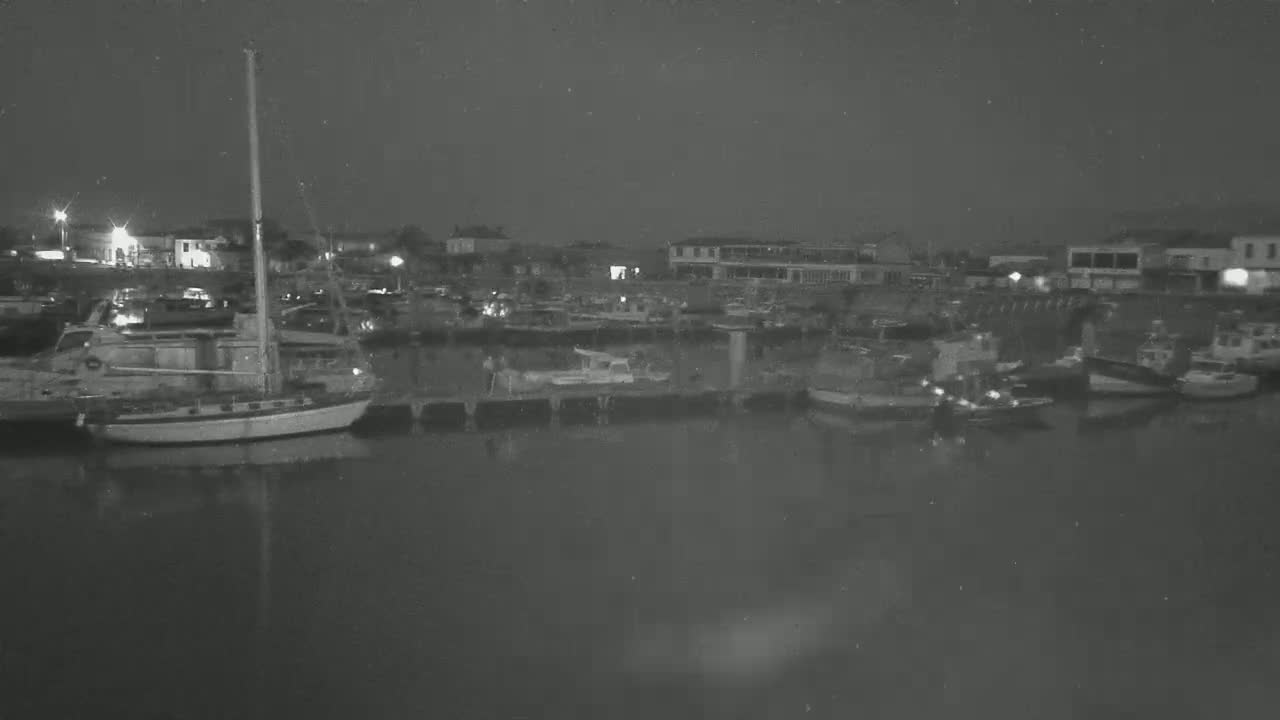 A nighttime view of a harbor filled with various boats and buildings along the shore under a dark sky.