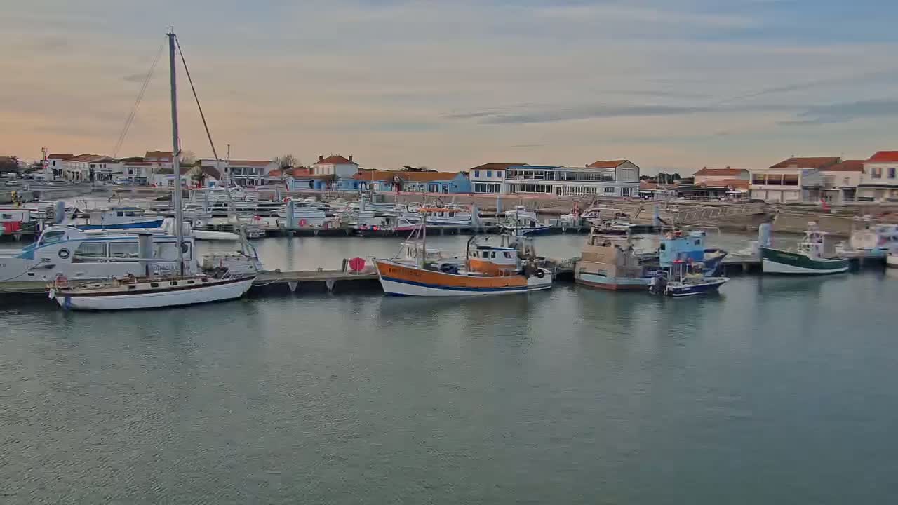 A harbor filled with sailboats and fishing boats is shown under a mostly cloudy sky.