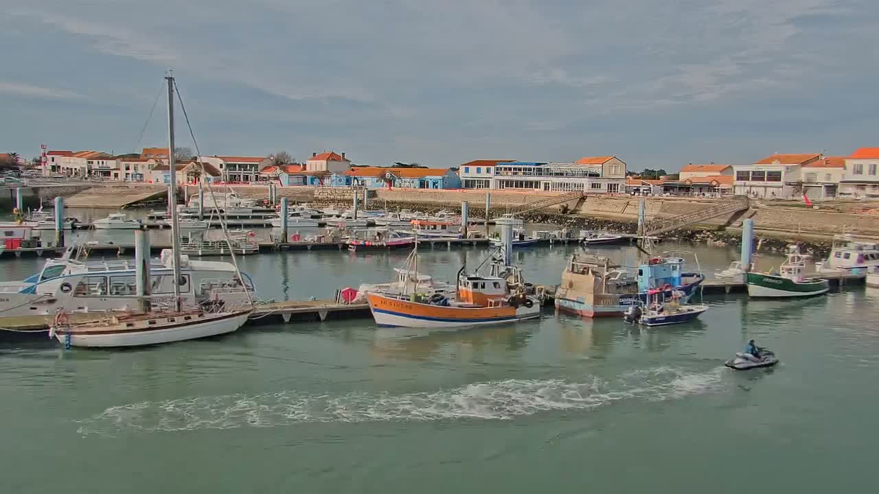 A harbor filled with various boats, including fishing vessels and sailboats, is situated in front of a waterfront town under a partly cloudy sky.