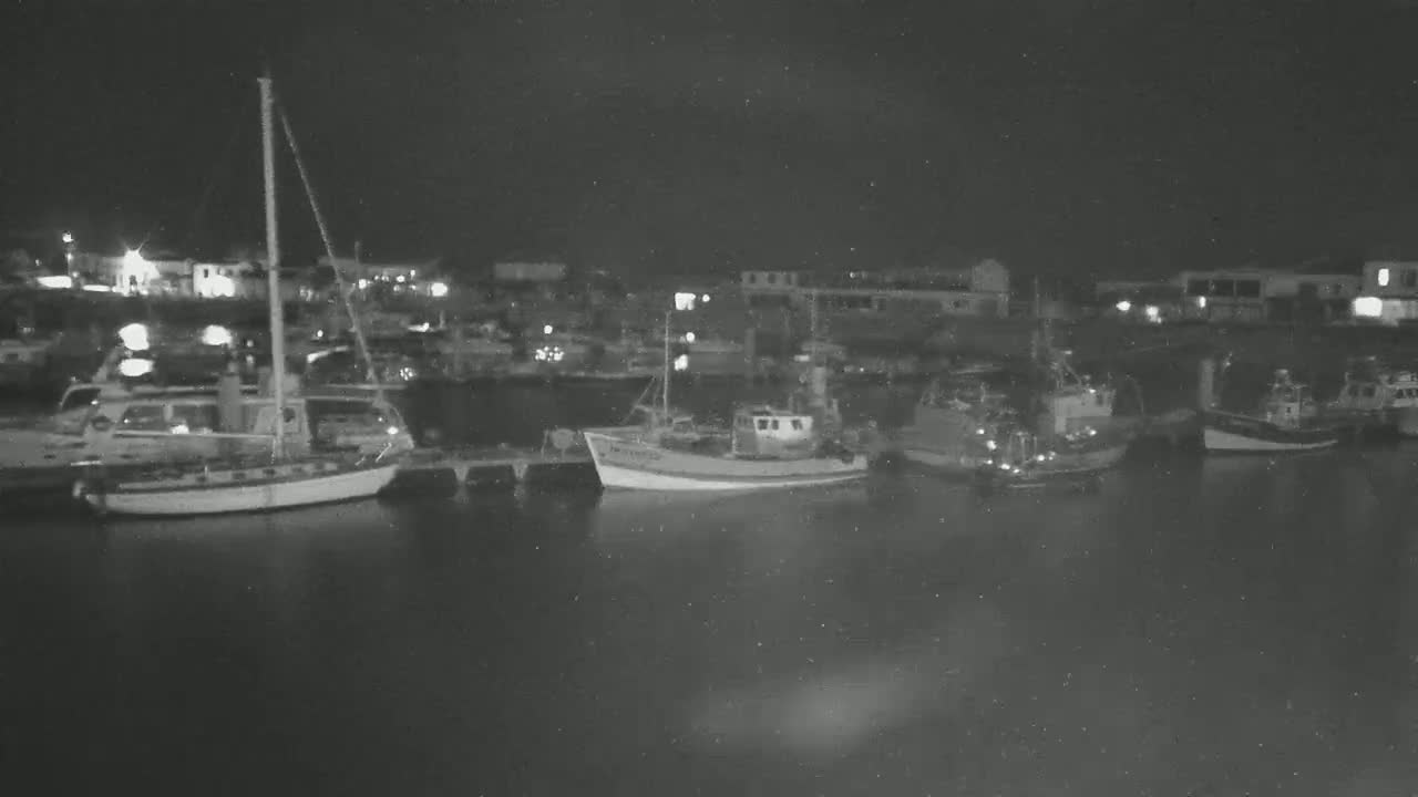 Several boats are moored in a harbor at night under a dark sky.