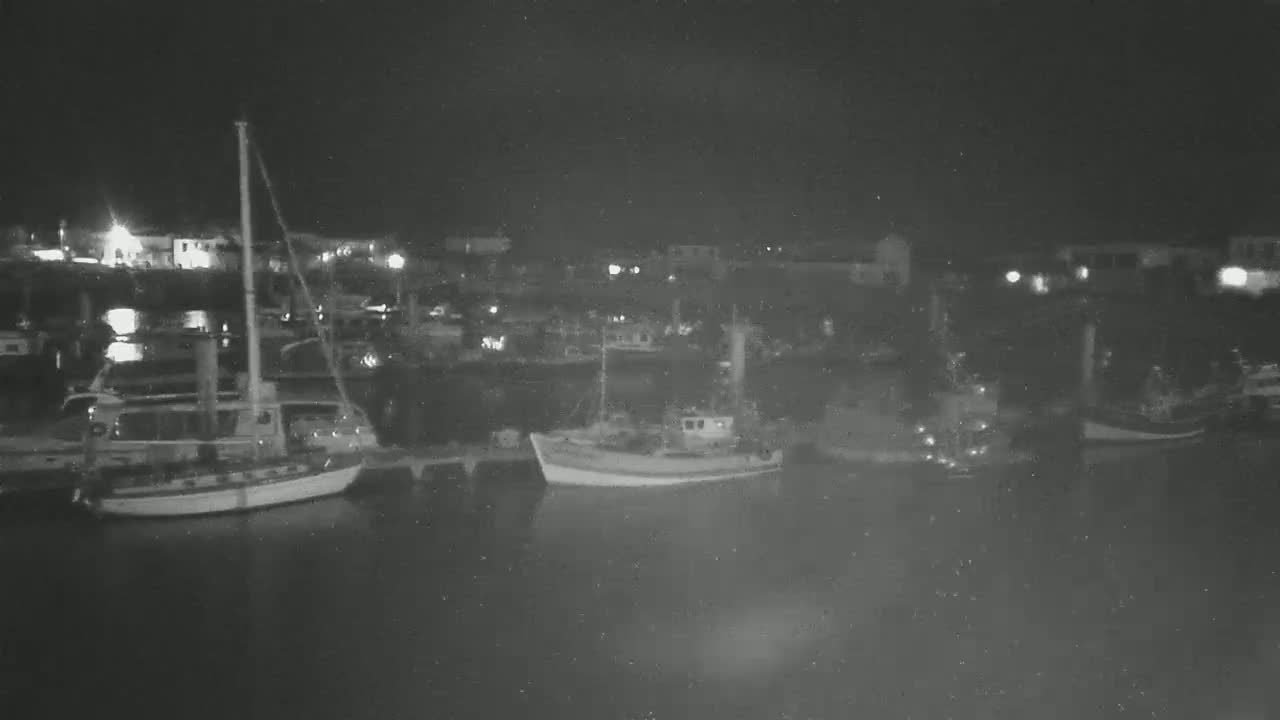 Several boats are moored at a dock at night under a dark, clear sky.