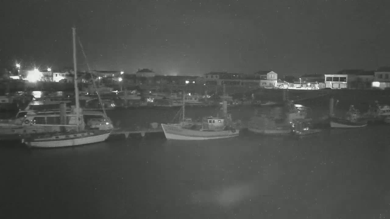 Several boats are moored in a harbor at night under a dark, clear sky.