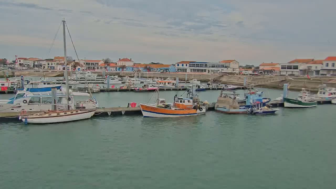 Many boats are docked at a harbor in front of buildings under a cloudy sky.