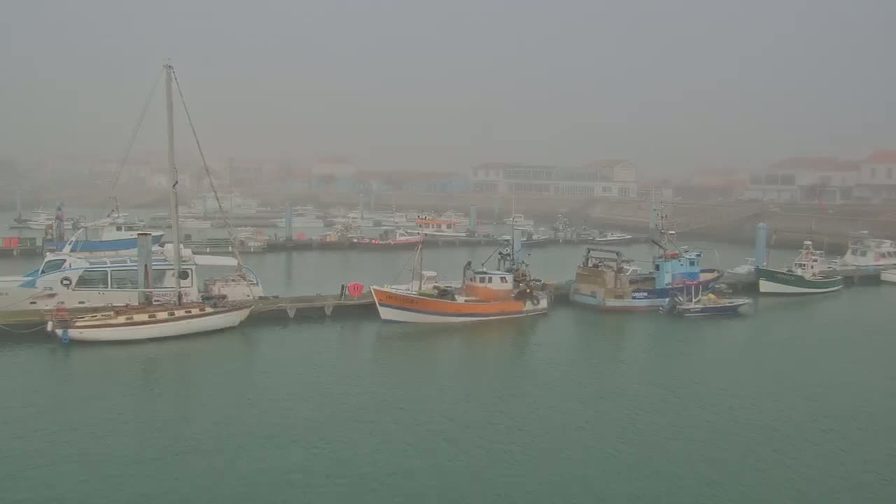 Several boats and ships are docked at a harbor in foggy conditions.