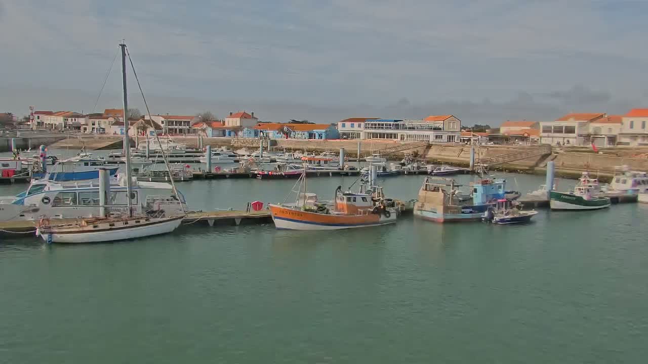 A harbor filled with various boats, including sailboats and fishing vessels, is situated in front of a small town under a partly cloudy sky.