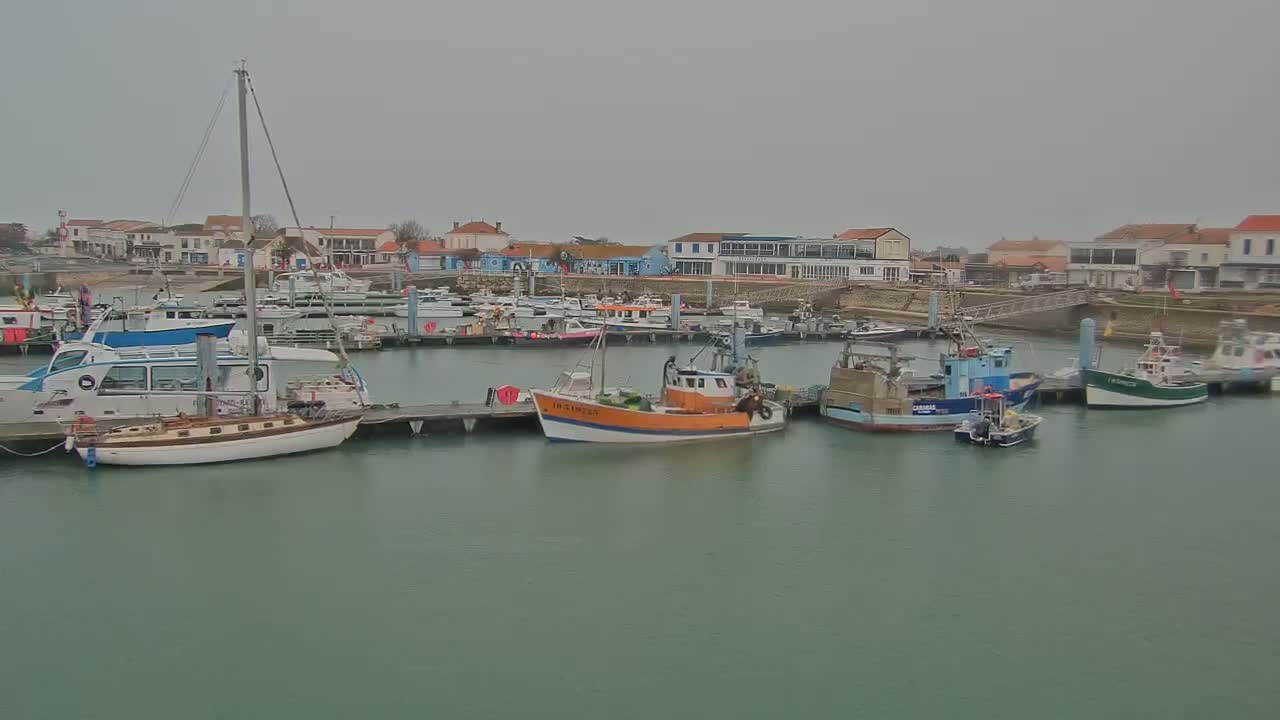 Many boats are moored in a harbor next to a waterfront town on an overcast day.