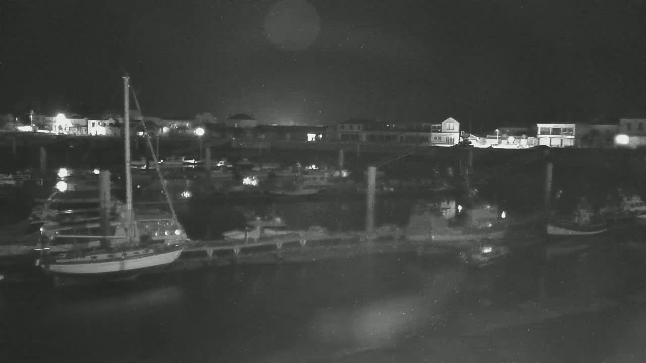 Several boats are moored at a dock at night under a dark sky.