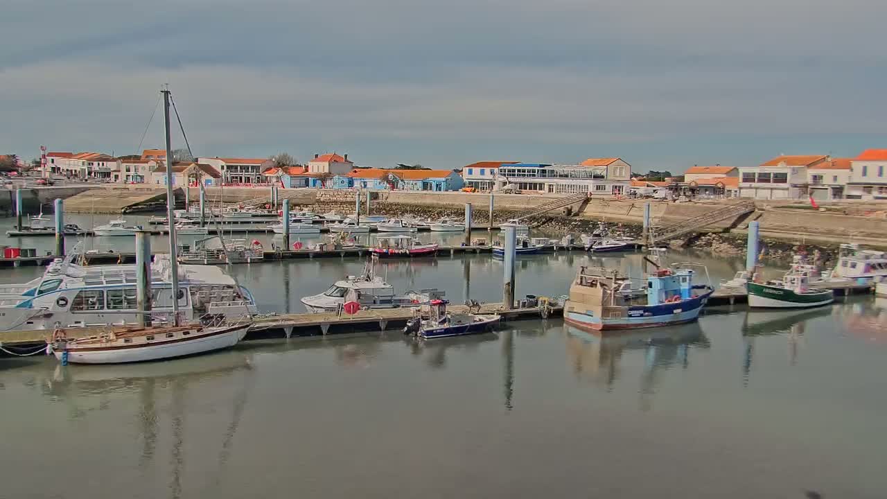 A harbor filled with numerous boats of various sizes, docked along a waterfront lined with buildings under a partly cloudy sky.