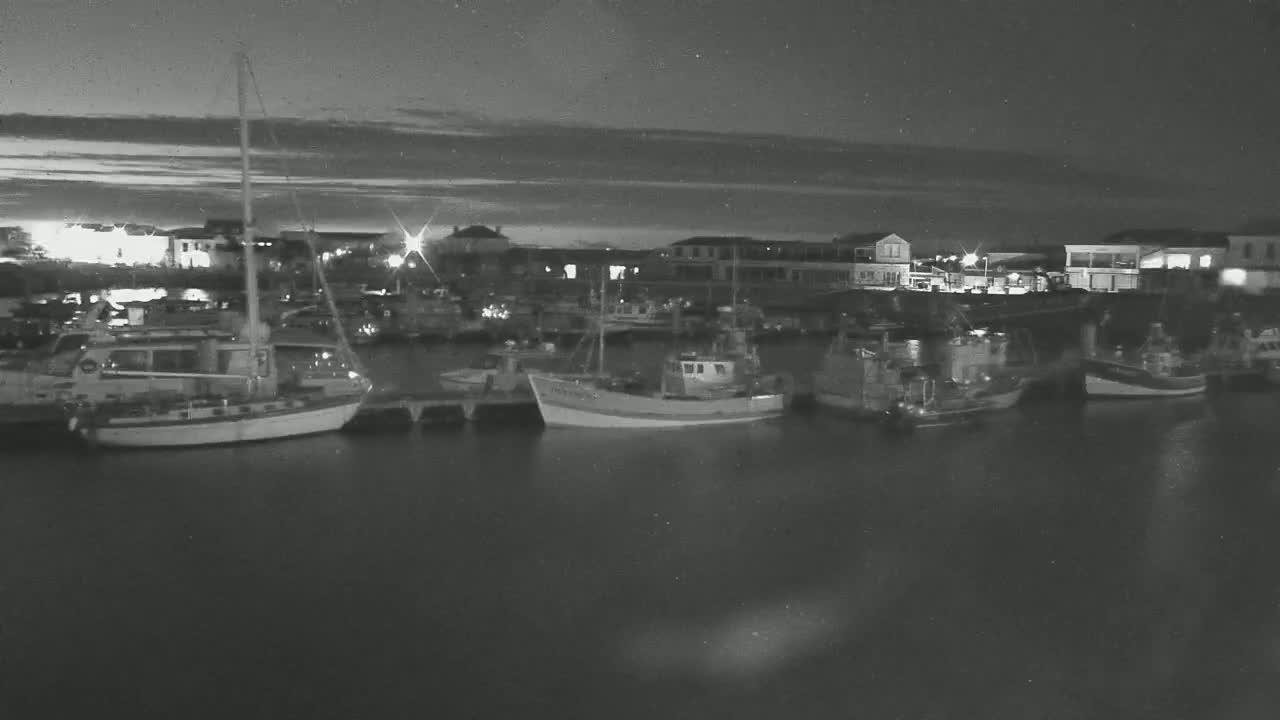 Several boats are moored at a harbor at night under a partly cloudy sky.