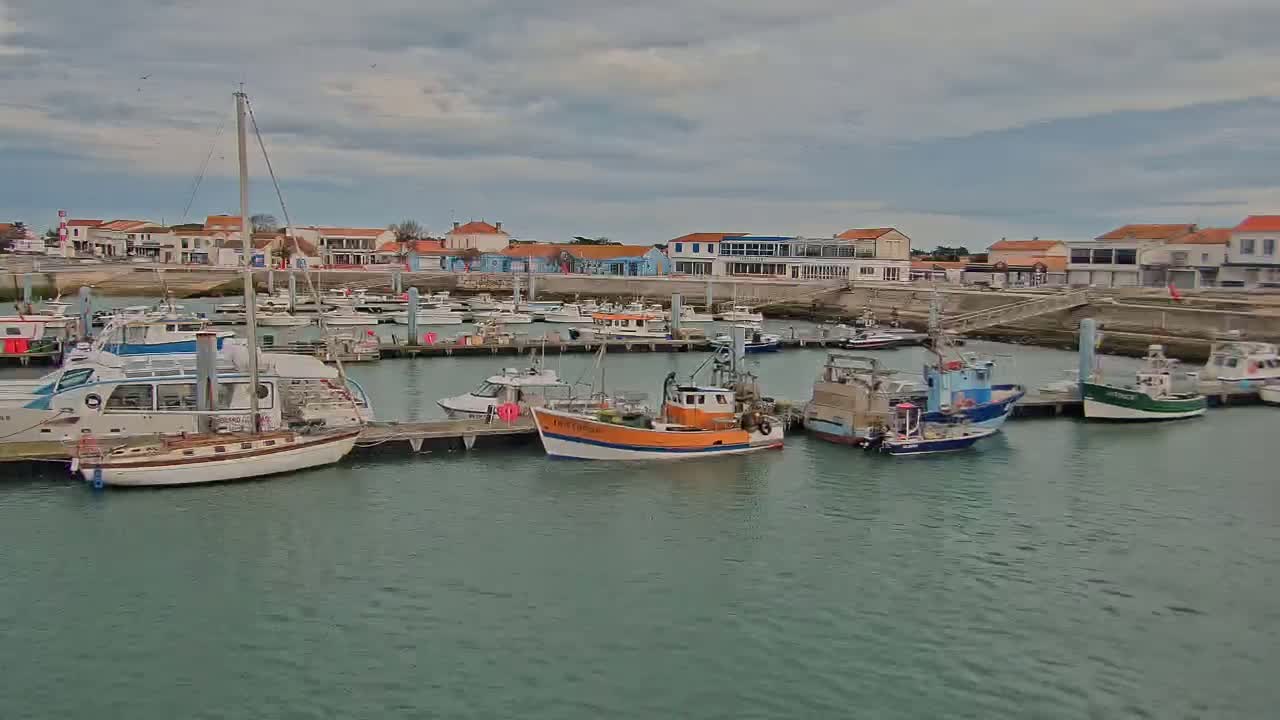 Many boats are docked at a harbor in front of buildings under a cloudy sky.