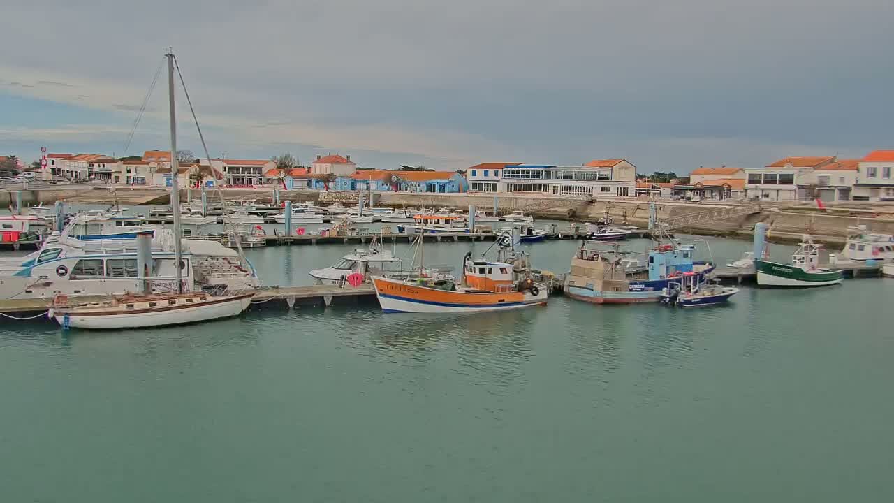 Many boats are docked at a harbor next to a waterfront town under an overcast sky.