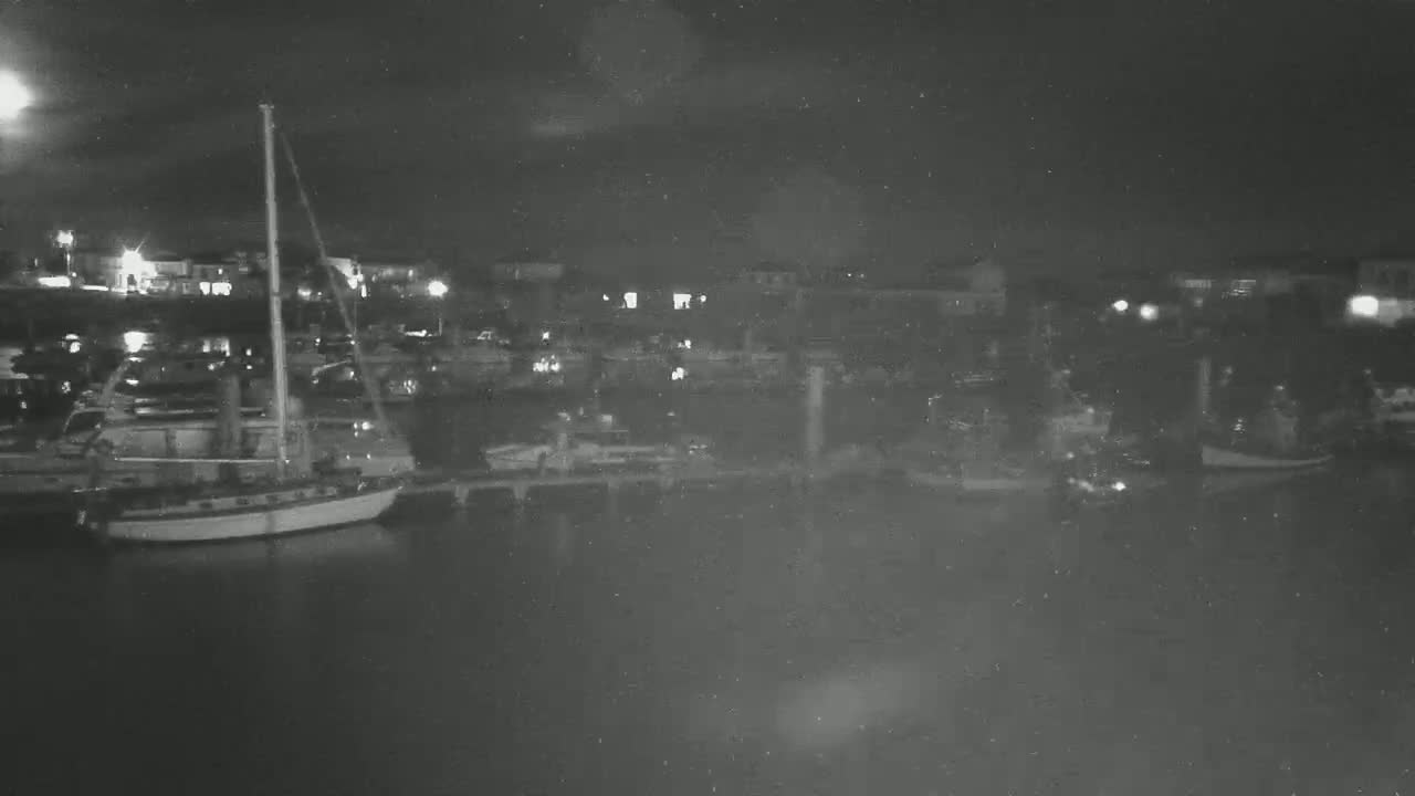 A nighttime view of a marina with several boats docked, under a dark sky.