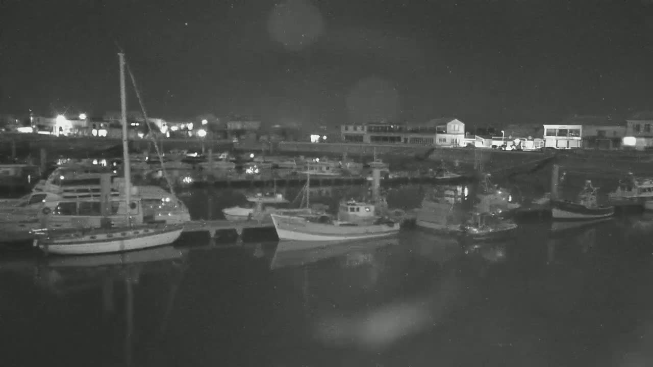 Several boats are moored in a harbor at night under a dark sky.