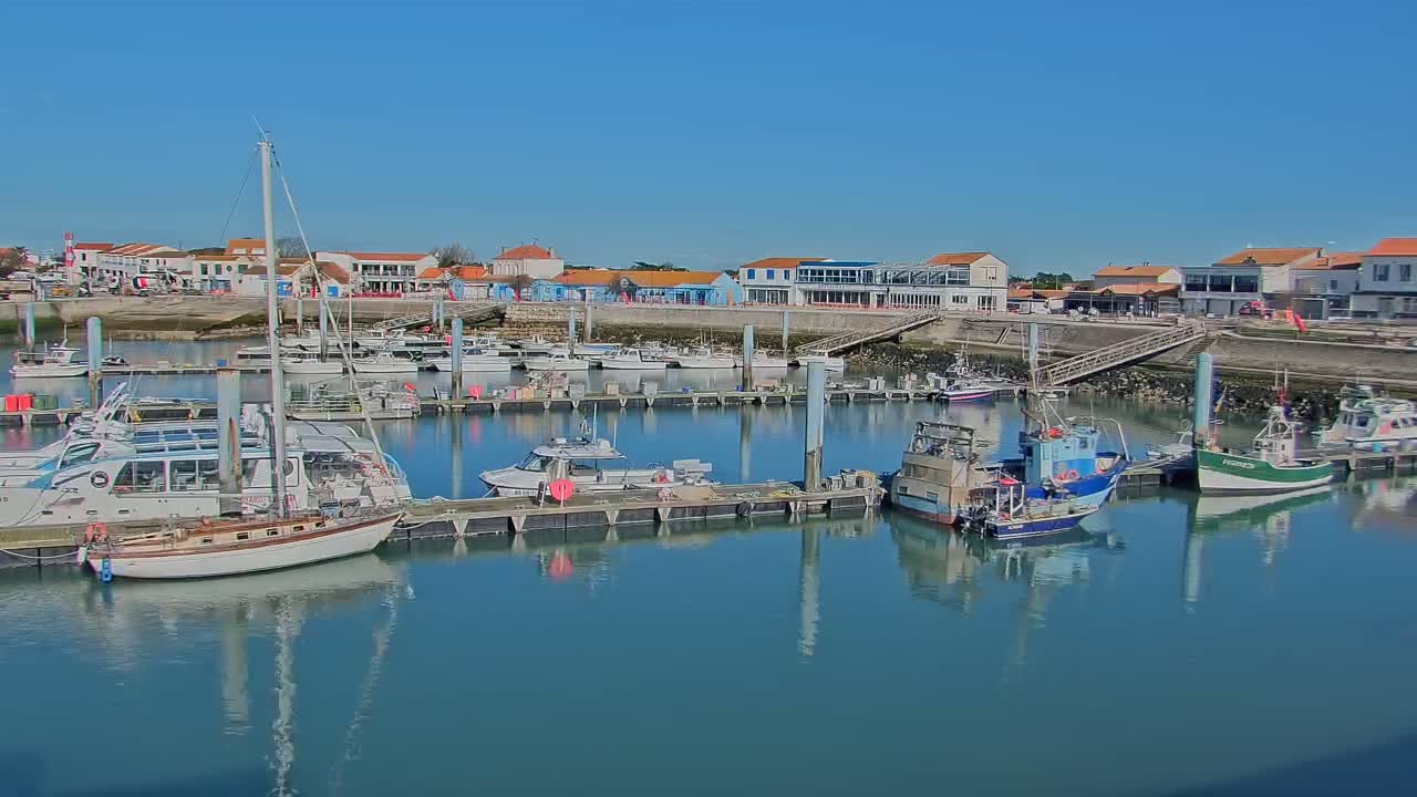 A marina filled with sailboats and fishing vessels is nestled next to a waterfront town under a clear blue sky.
