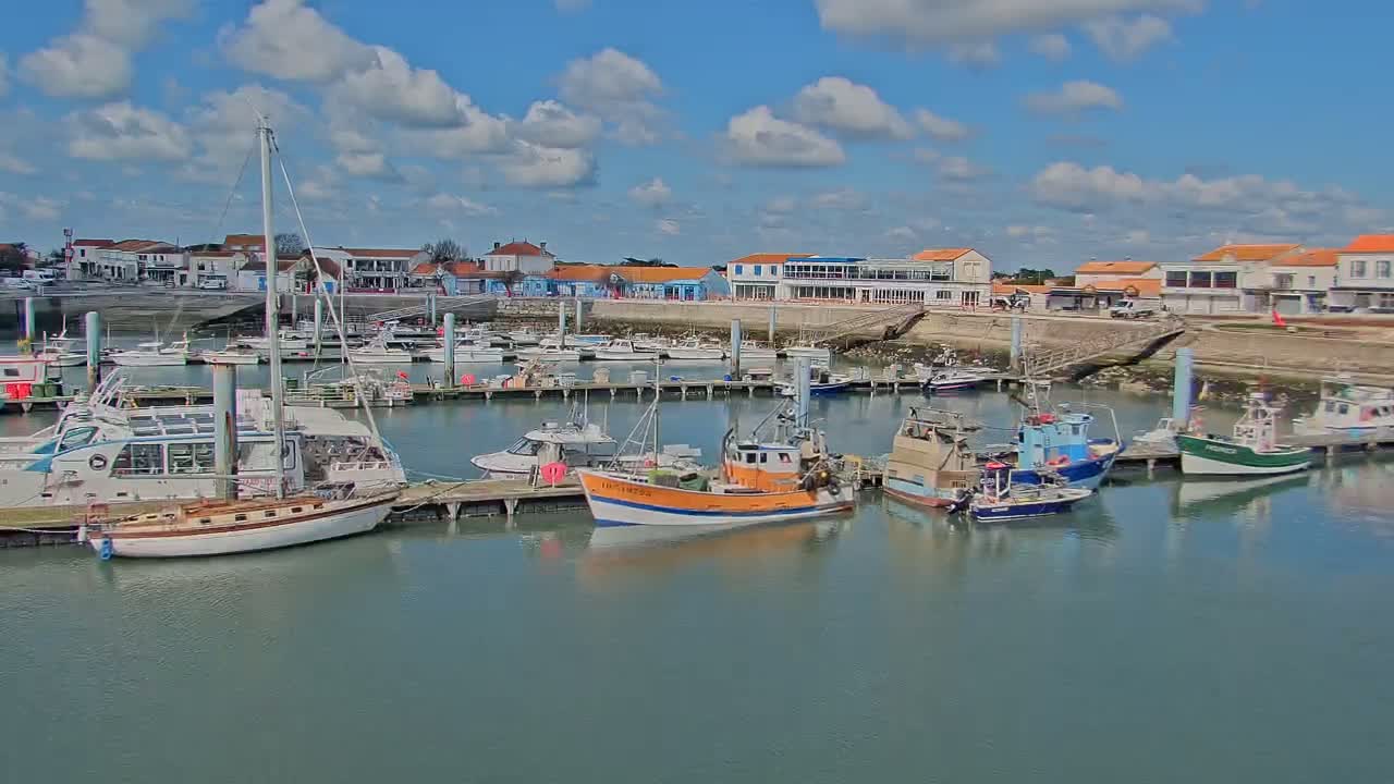 A harbor filled with various boats, including fishing vessels and sailboats, is situated next to a waterfront town under a partly cloudy sky.