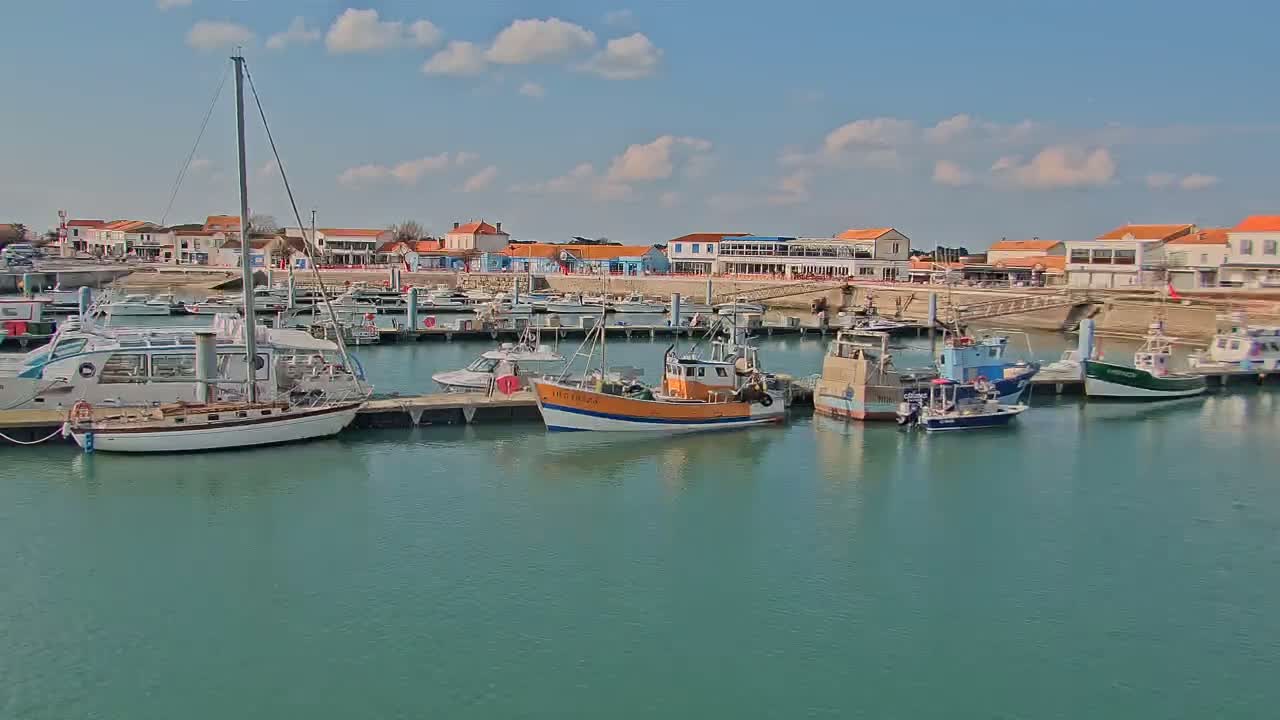 A harbor filled with sailboats and fishing boats is nestled next to a waterfront village under a partly cloudy sky.