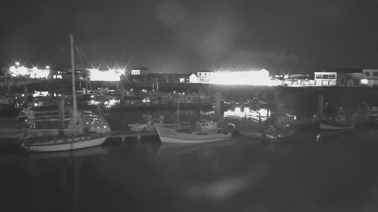 A nighttime view of a harbor filled with boats moored alongside a waterfront with brightly lit buildings.