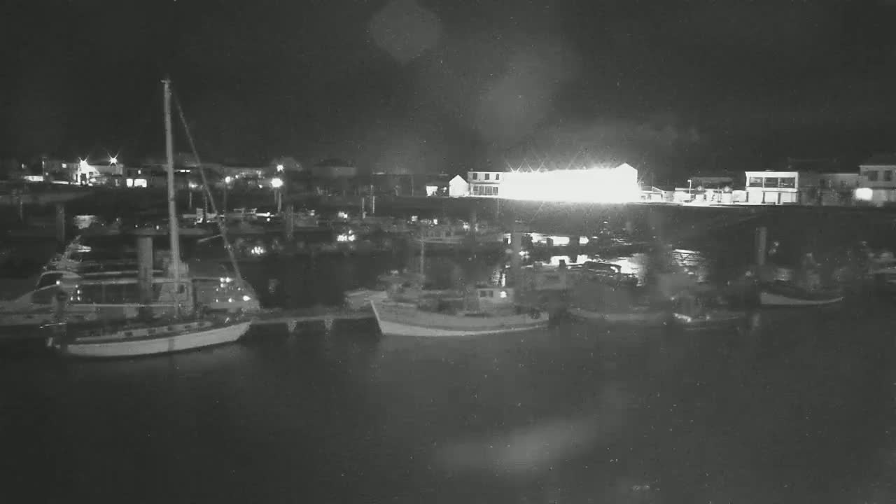 Several boats are moored at a dock at night, under a dark sky.
