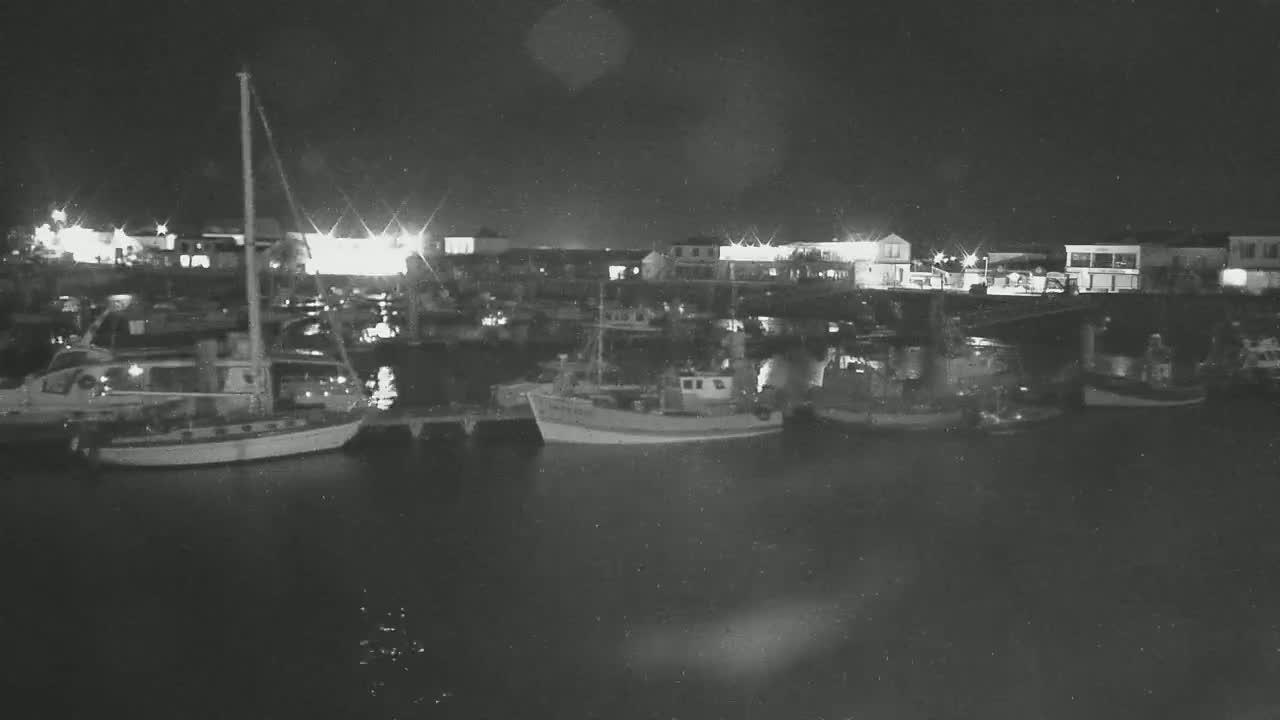 Several boats are moored at a harbor at night under a dark sky.