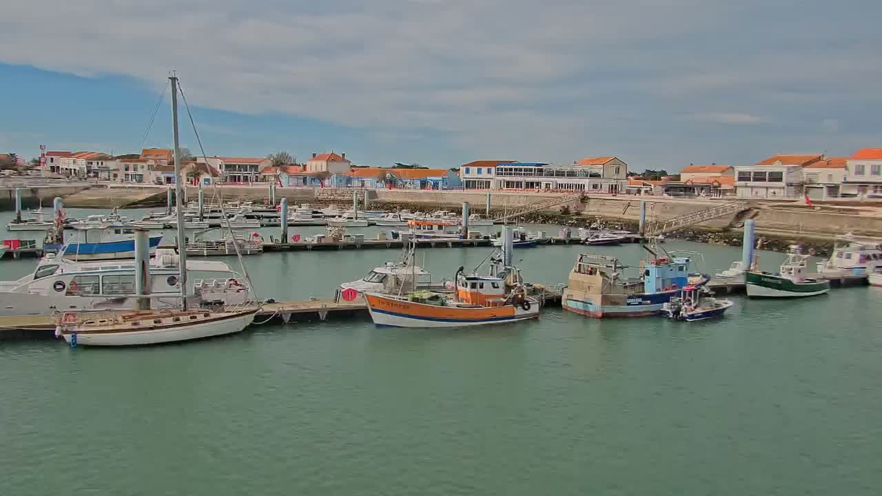 A harbor filled with various boats and yachts is situated in front of a waterfront town under a partly cloudy sky.