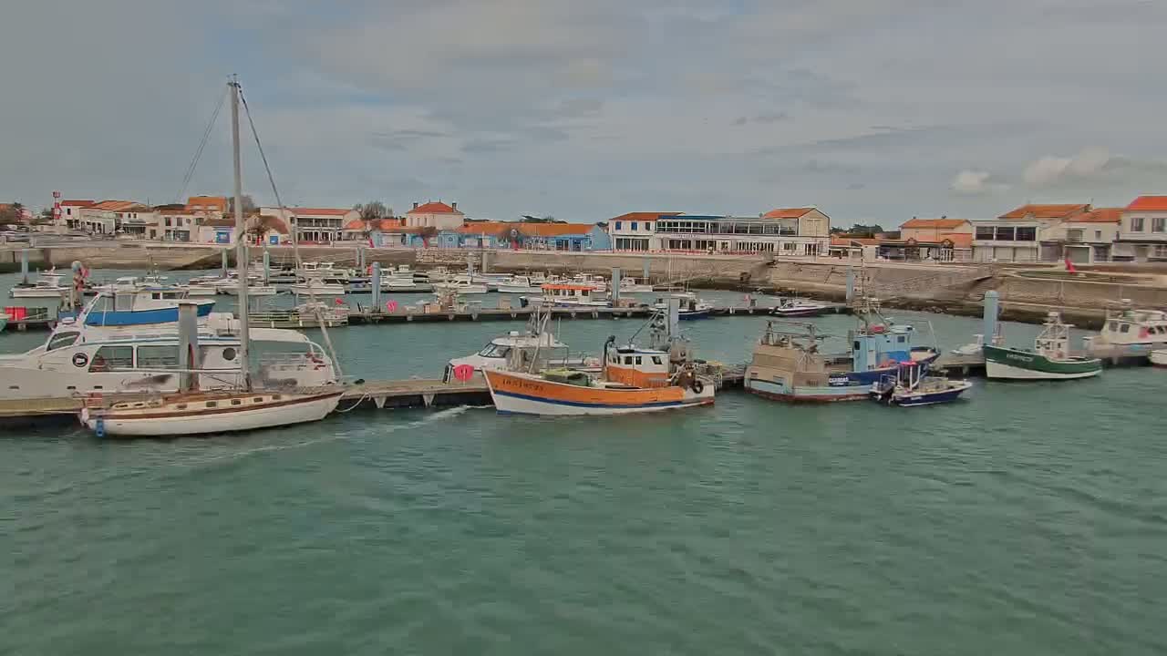 A harbor filled with various boats and sailboats is situated in front of a waterfront town under a cloudy sky.