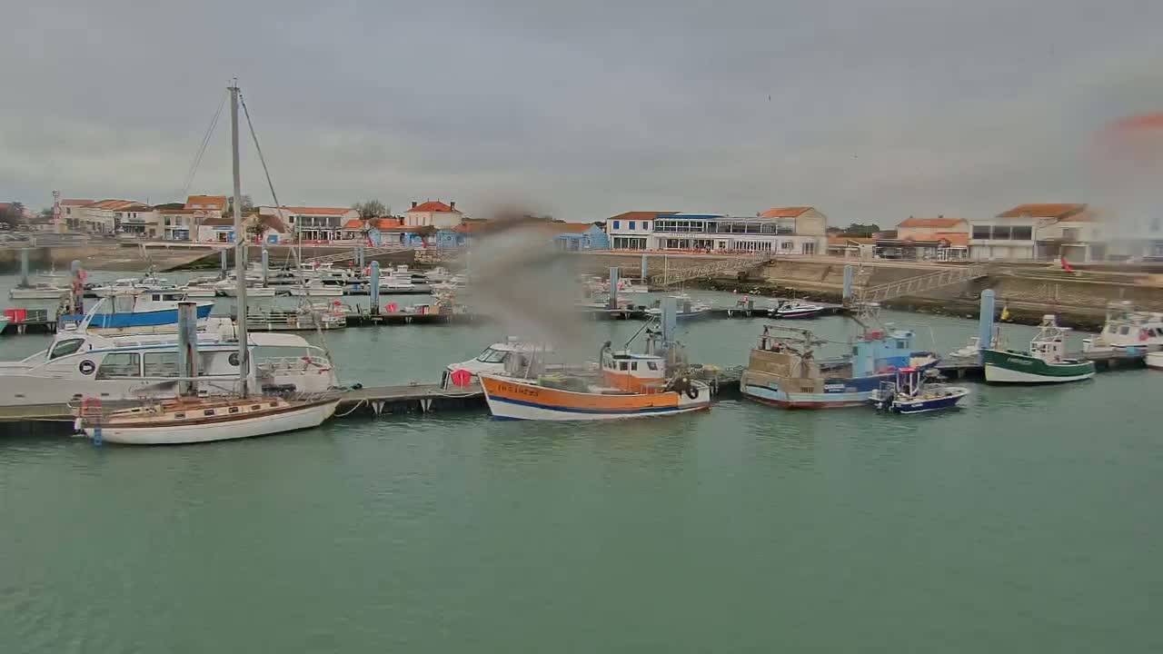 Several boats are docked in a harbor on an overcast day.