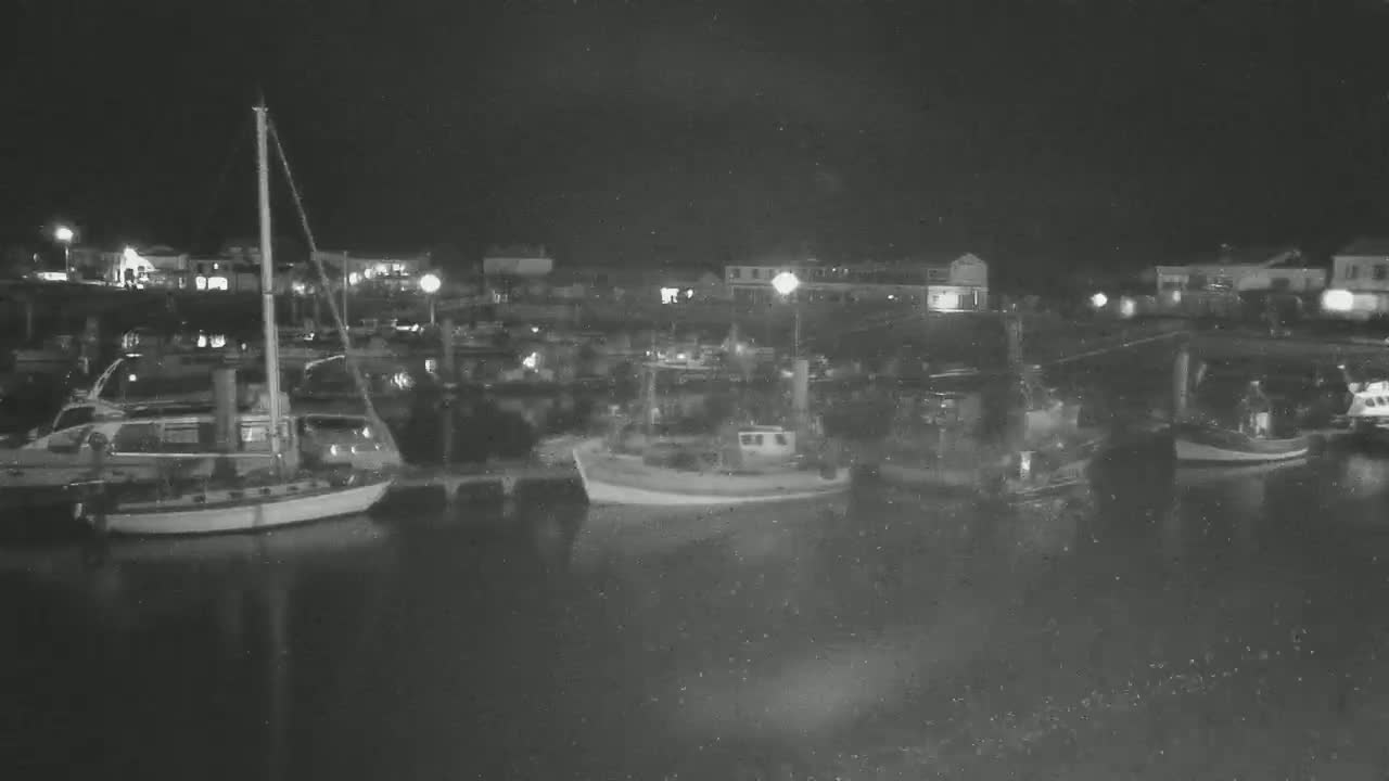 Several boats are moored at a harbor at night under a dark, possibly overcast sky.