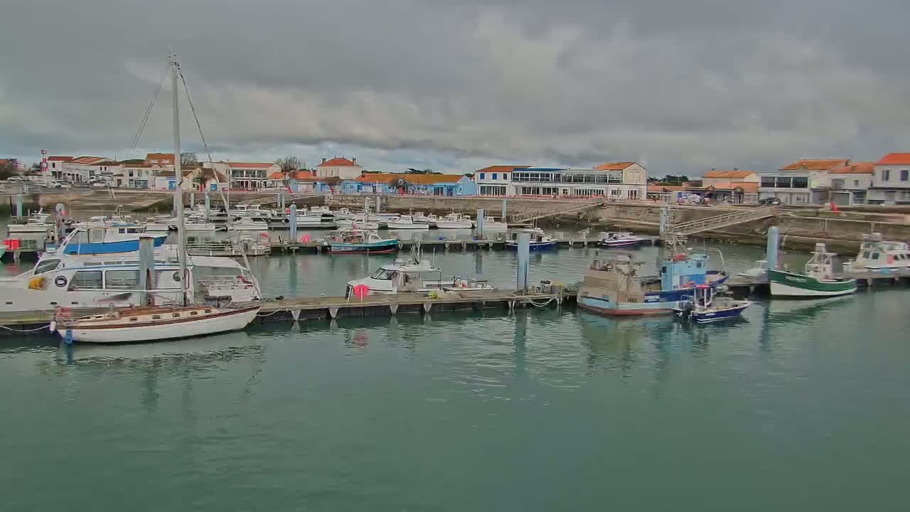 Many boats are docked in a harbor next to a town under an overcast sky.