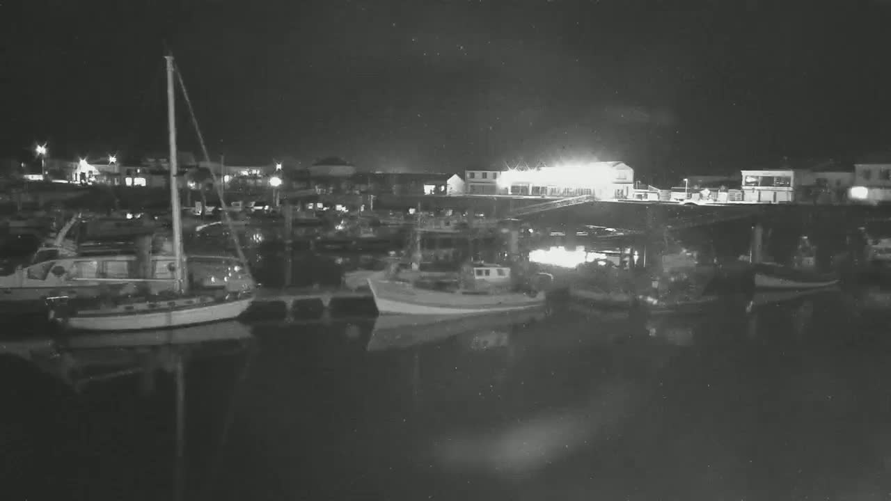 Several boats are moored at a harbor at night under a dark sky.