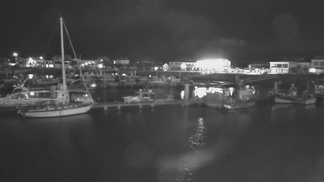 A nighttime view of a harbor filled with boats moored at docks, under a dark sky.