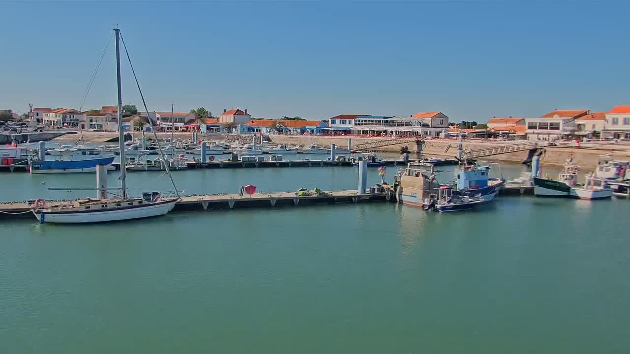 A marina filled with sailboats and fishing boats is situated in front of a waterfront town under a clear, sunny sky.