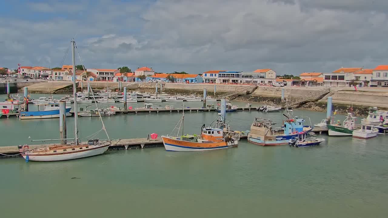 Numerous boats are docked in a harbor next to a waterfront town under a partly cloudy sky.