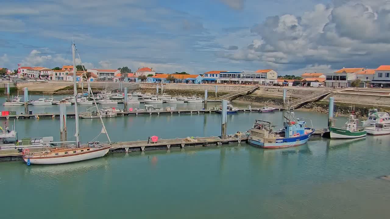 A harbor filled with sailboats and fishing vessels is situated in front of a waterfront town under a partly cloudy sky.