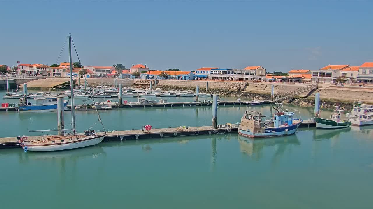 A marina filled with sailboats and fishing boats is situated next to a waterfront village under a clear blue sky.