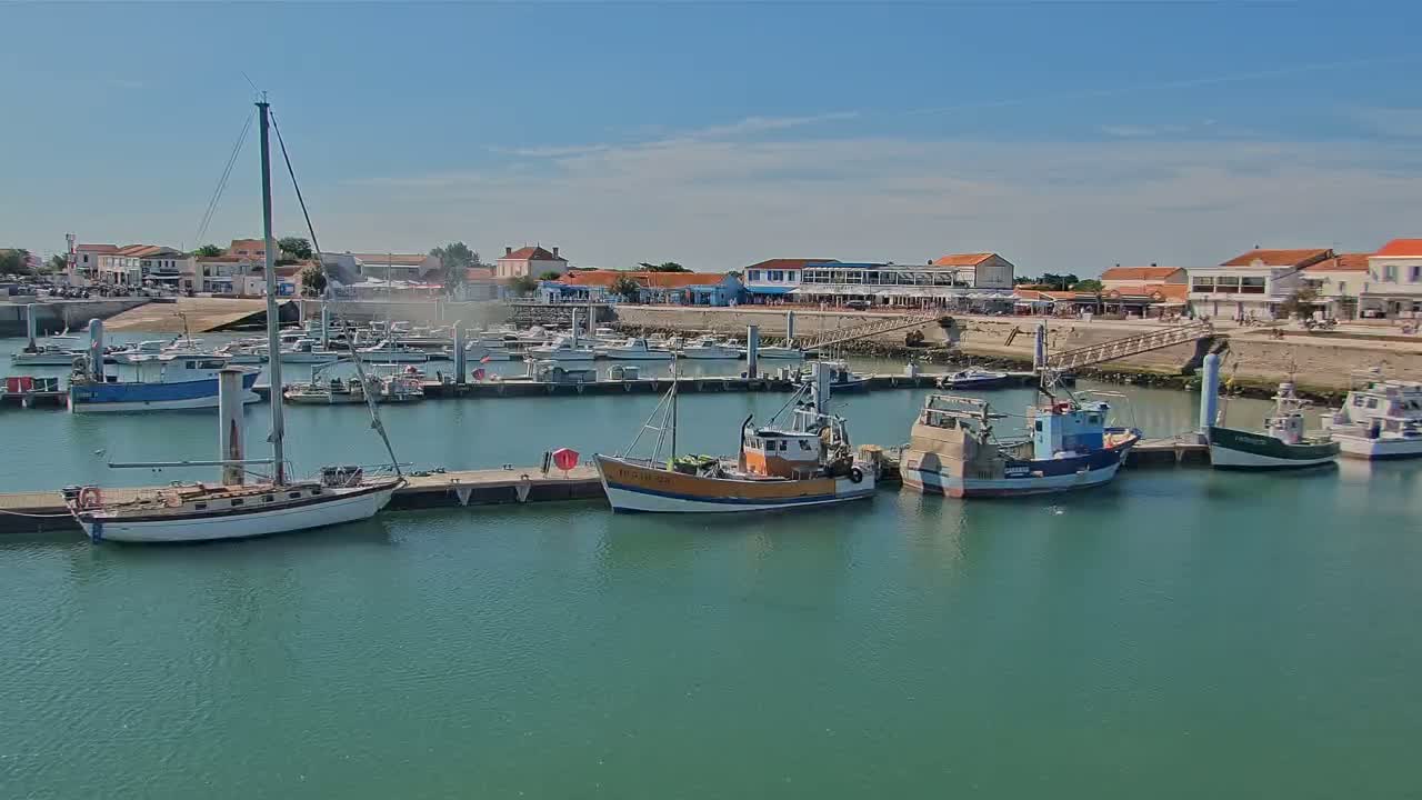A harbor filled with sailboats and fishing vessels on a sunny day is situated next to a waterfront town.