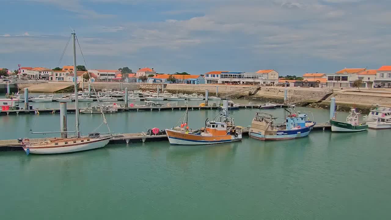 A marina filled with sailboats and fishing boats is situated in front of a village under a partly cloudy sky.