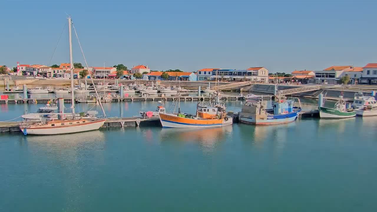 A calm harbor filled with sailboats and fishing boats sits in front of a village of low-rise buildings under a clear blue sky.