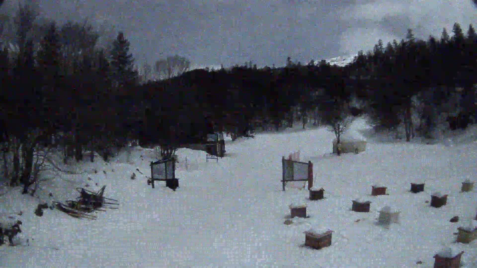 A snow-covered area with several small structures, possibly beehives, situated near a wooded area under a cloudy, dark sky.