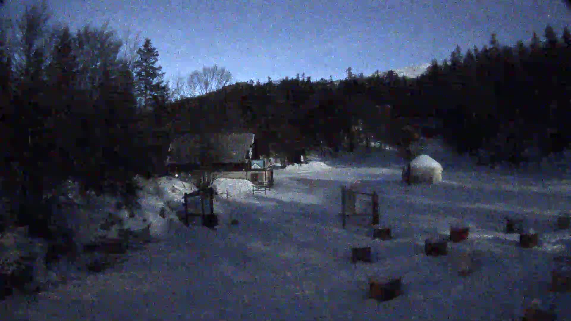 A snow-covered area with several small structures and trees under a dark blue, nighttime sky.
