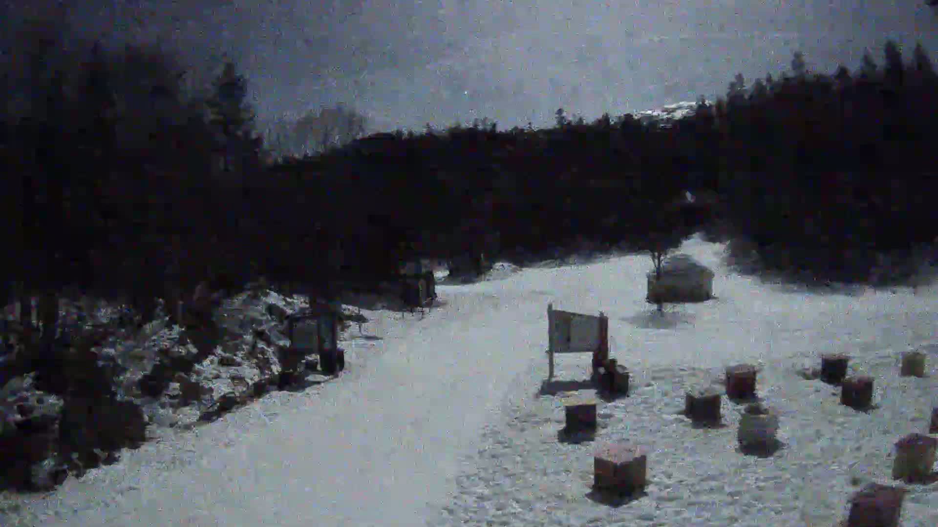 A snow-covered area with several small structures and a dark forest in the background under a dim, moonlit sky.