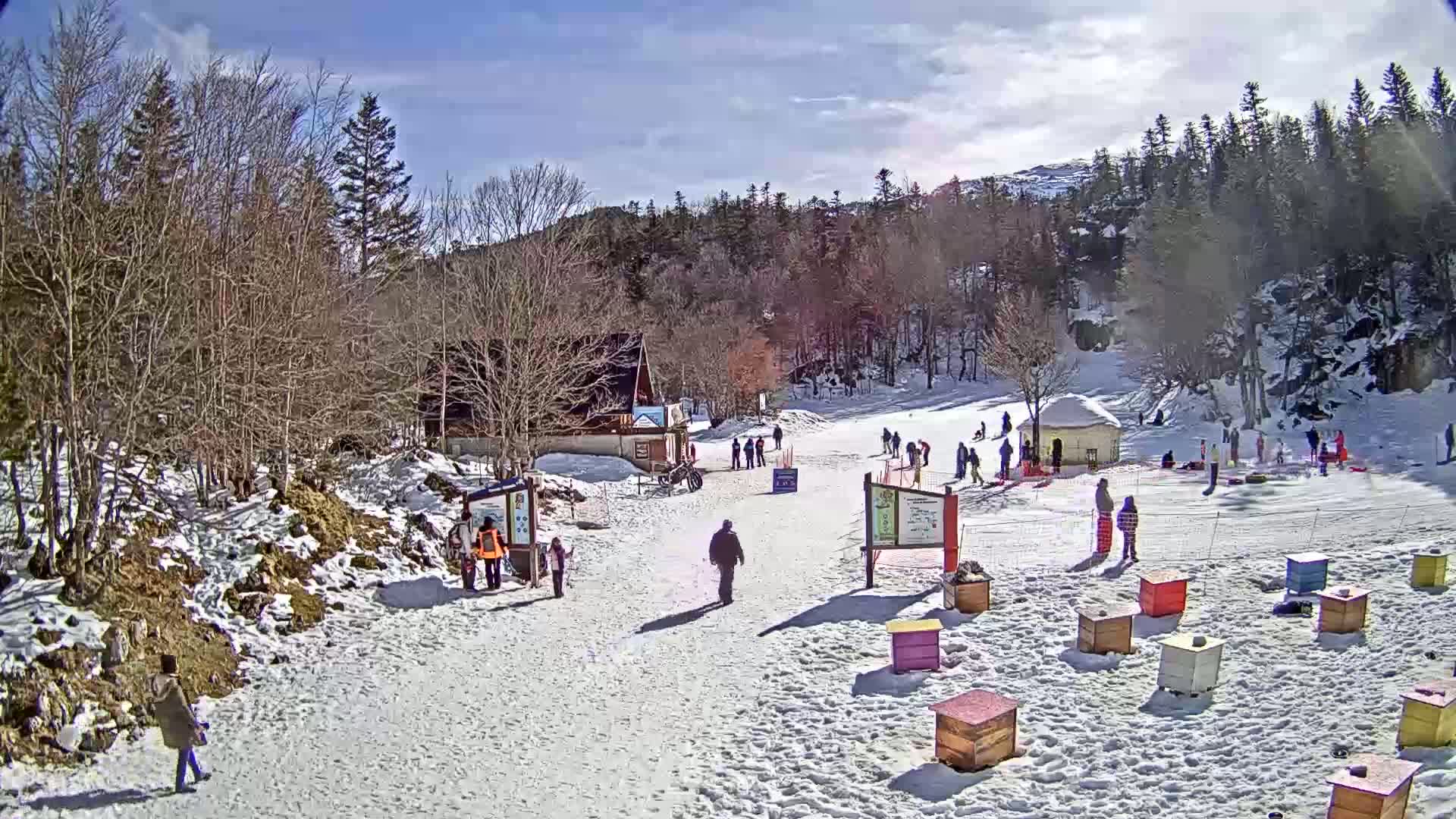 A sunny winter day at a snow-covered ski slope with several people skiing, snowboarding, and tubing, a small building, and numerous colorful beehives.